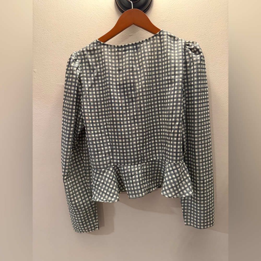 The Fifth Label Grid Check Peplum Top V-Neck Puff Sleeve Black White US 8 L‎ - Picture 5 of 6